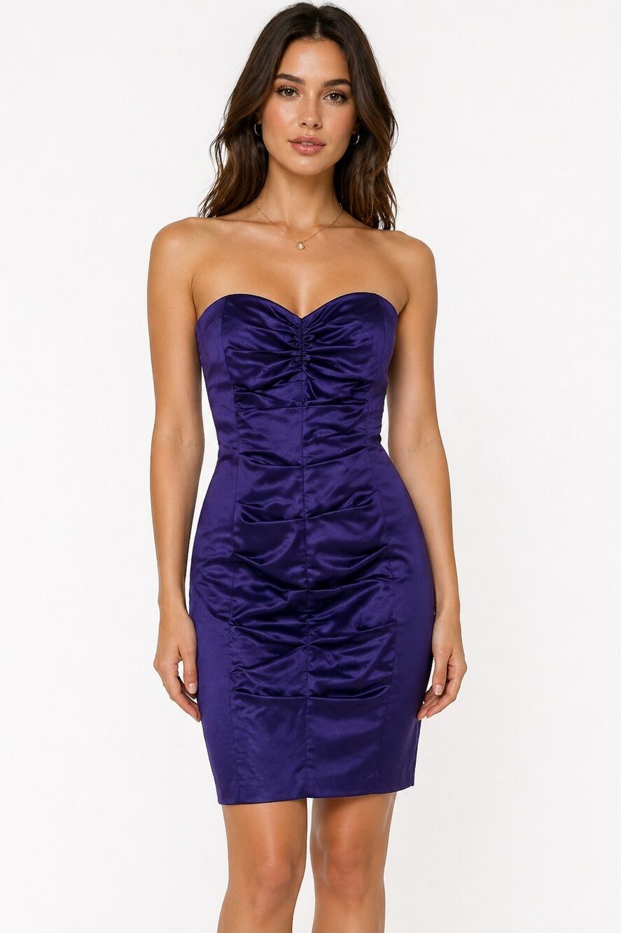 Vintage 1990s Cache Purple Satin Ruched Strapless Mini Dress XS